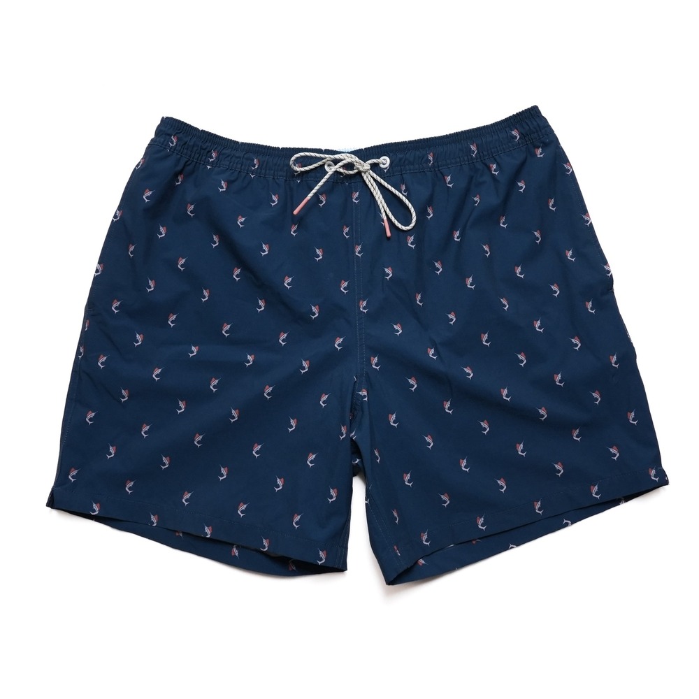 Bonobos Swim Trunk Mens XL Dark Blue Marlin Fish‎ Print Elastic Waist 7" Inseam